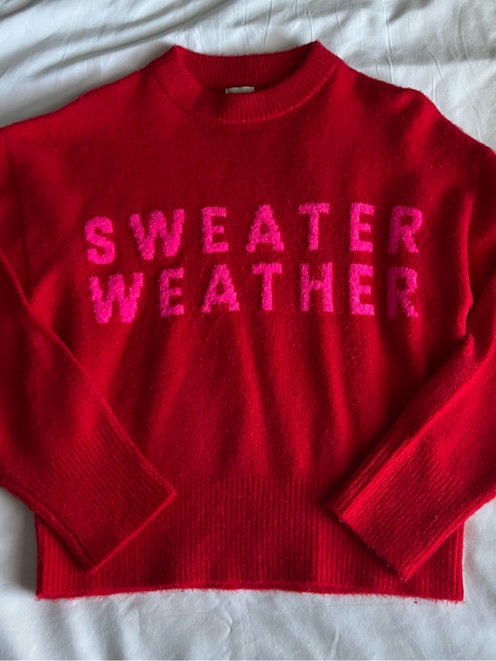 a new day Red Crewneck Sweater with Pink Lettering